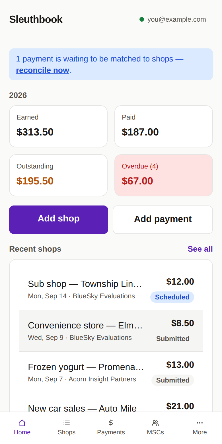 Sleuthbook dashboard with period totals and overdue amounts