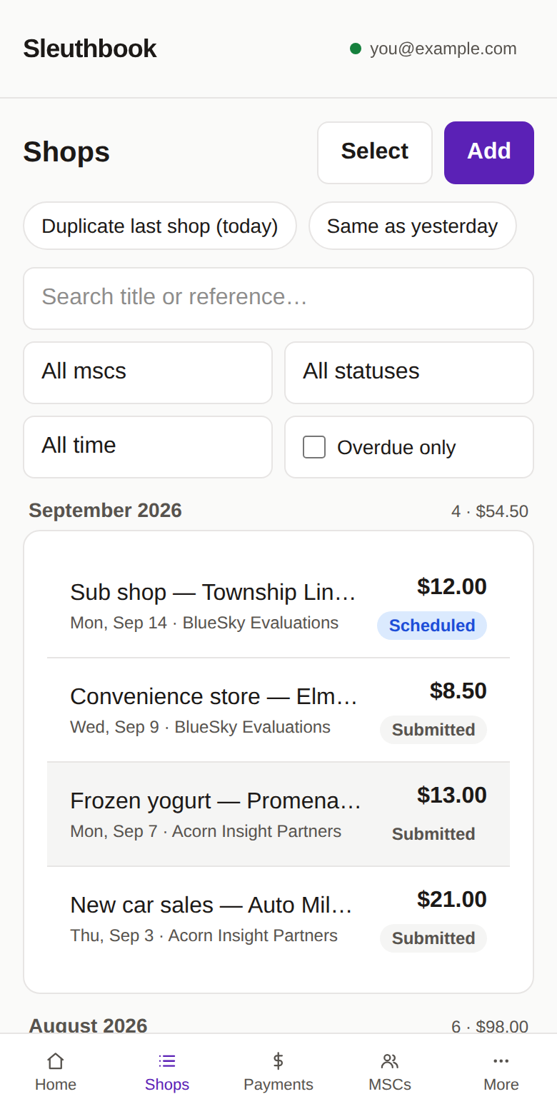 The shop log, grouped by month